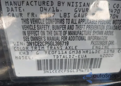 2016 Nissan Versa Note S/S Plus/Sv/Sl/Sr from USA, damaged, VIN 3N1CE2CP5GL396719